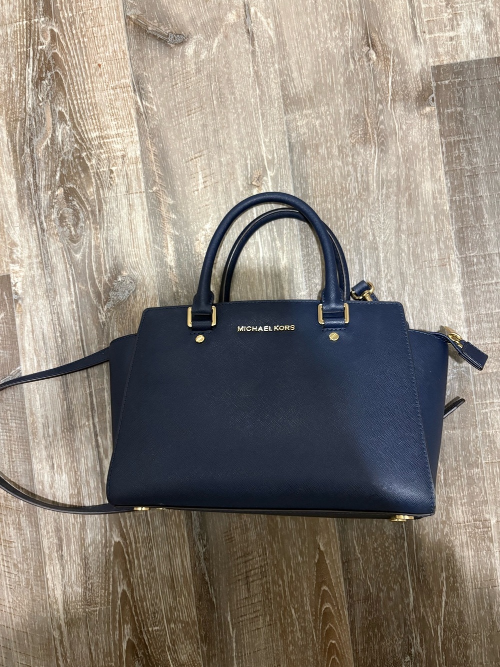 Michael Kors Navy Saffiano Leather Satchel with Gold Hardware